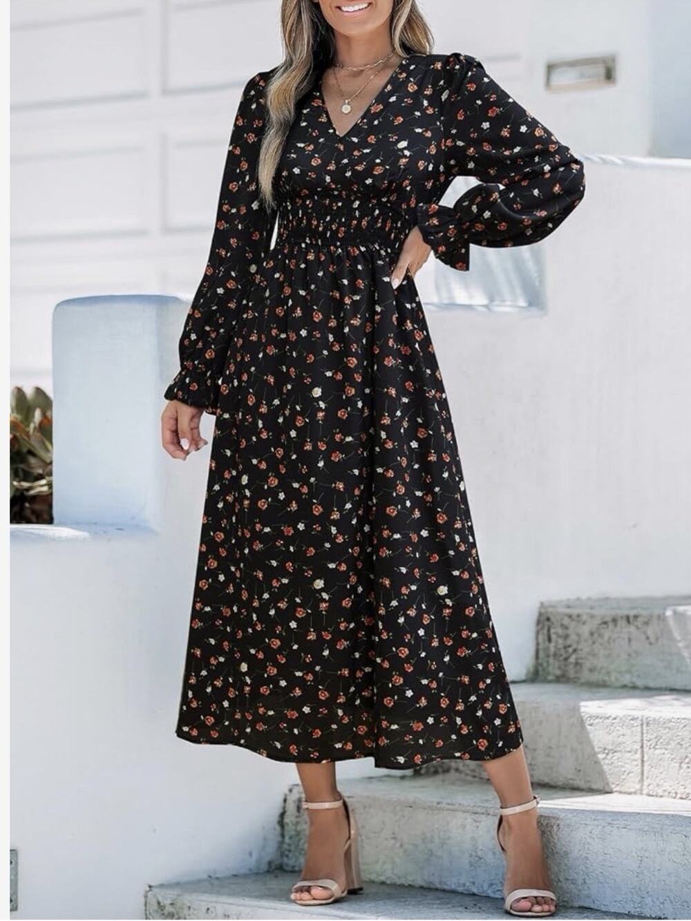 CUPSHE Maxi Dresses for Women V Neck Ruffled Long Sleeve Paisley Smocked Waist M